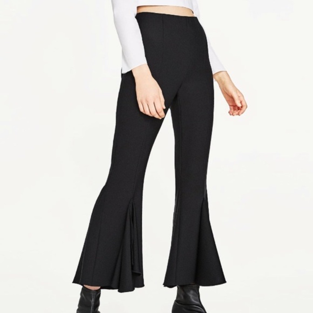 Zara Basic Collection Frilly Crepe Flare Black Pants NWT